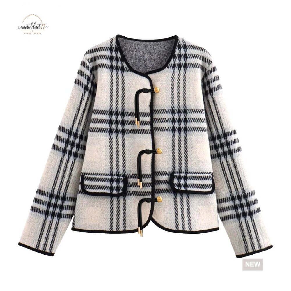 Medium Vintage Plaid Cardigan Blazer Jacket Button Down Knit Sweater